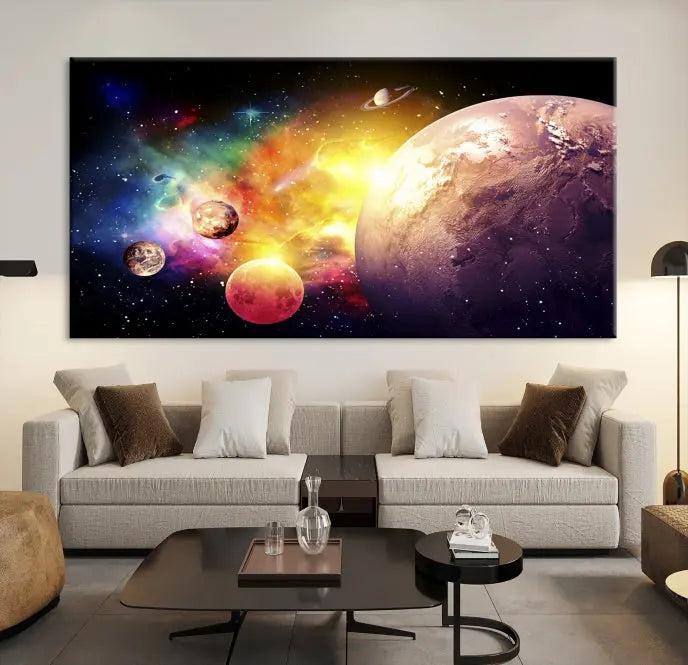 A vibrant Space and Galaxy Canvas Print on museum-quality canvas hangs prominently, showcasing its cosmic design.