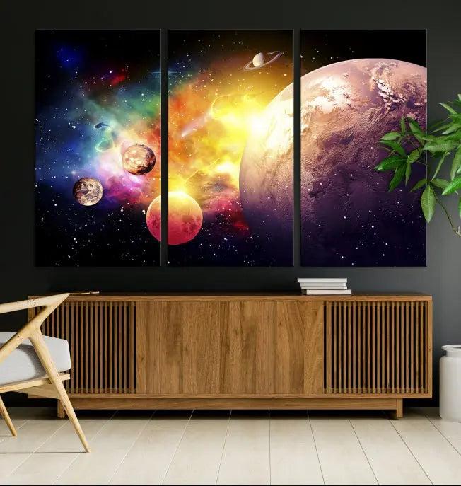 A vibrant Space and Galaxy Canvas Print on museum-quality canvas hangs prominently, showcasing its cosmic design.