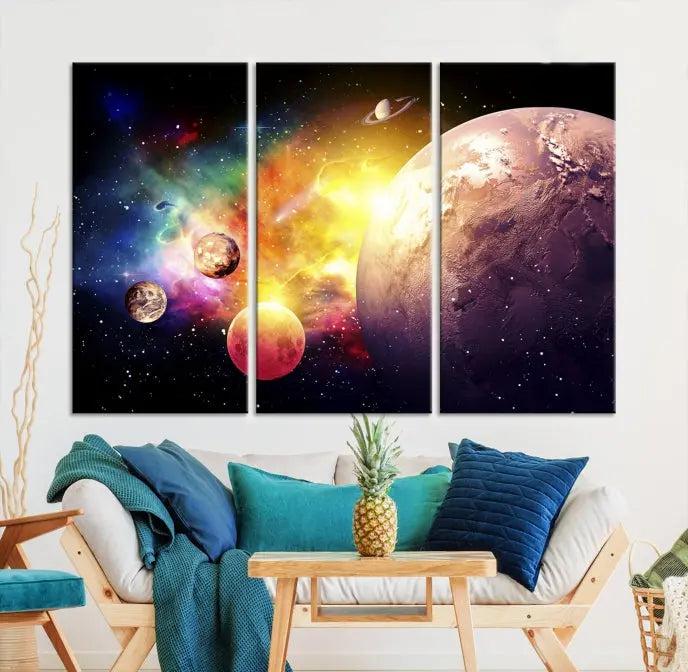 A vibrant Space and Galaxy Canvas Print on museum-quality canvas hangs prominently, showcasing its cosmic design.