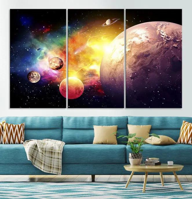 A vibrant Space and Galaxy Canvas Print on museum-quality canvas hangs prominently, showcasing its cosmic design.