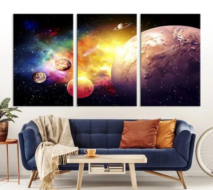 A vibrant Space and Galaxy Canvas Print on museum-quality canvas hangs prominently, showcasing its cosmic design.