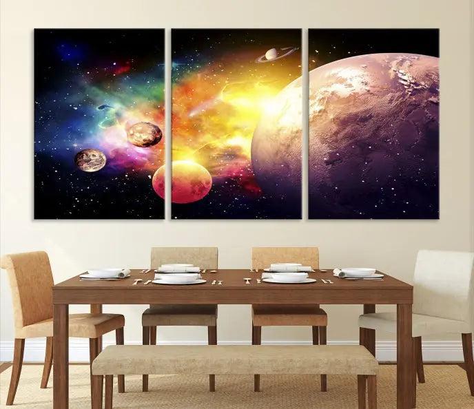 A vibrant Space and Galaxy Canvas Print on museum-quality canvas hangs prominently, showcasing its cosmic design.