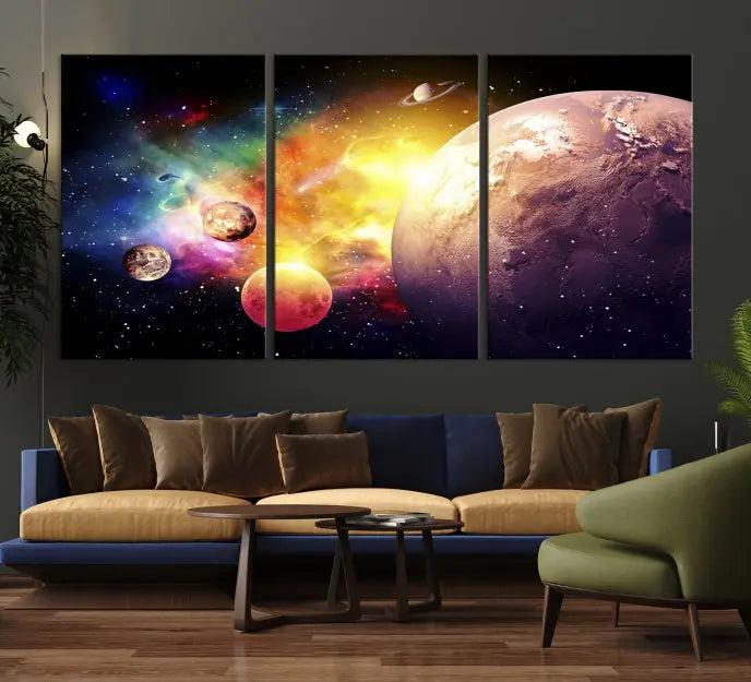 A vibrant Space and Galaxy Canvas Print on museum-quality canvas hangs prominently, showcasing its cosmic design.