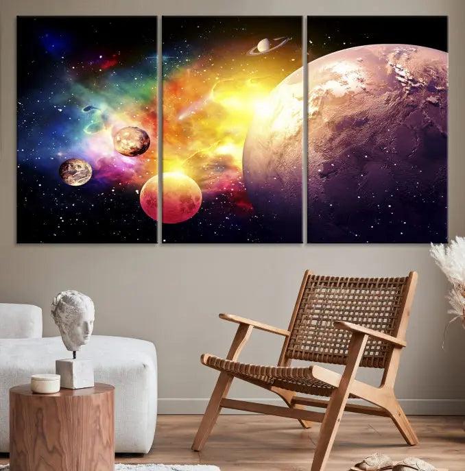 A vibrant Space and Galaxy Canvas Print on museum-quality canvas hangs prominently, showcasing its cosmic design.