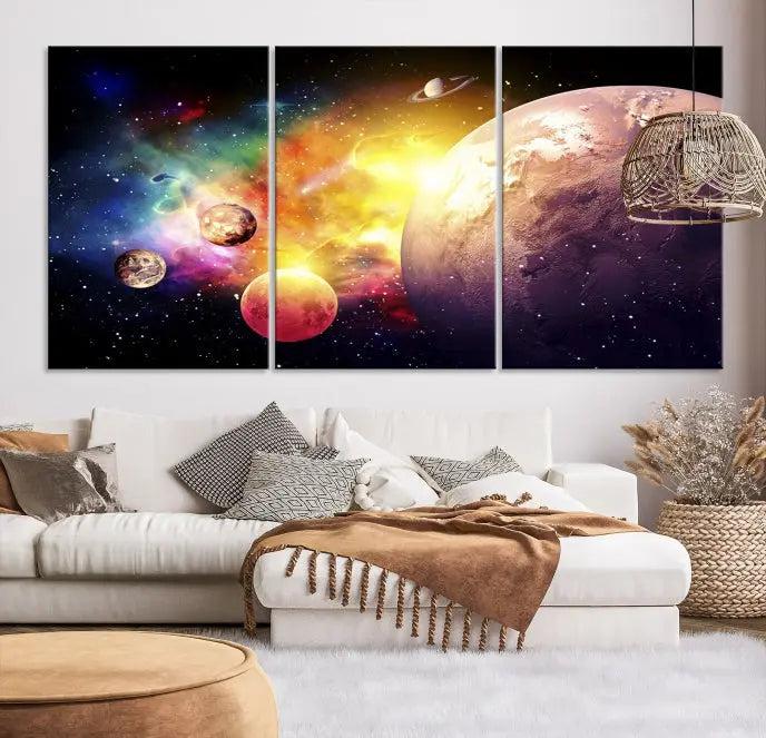 A vibrant Space and Galaxy Canvas Print on museum-quality canvas hangs prominently, showcasing its cosmic design.