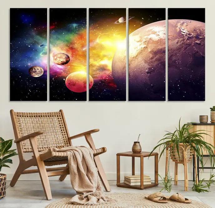 A vibrant Space and Galaxy Canvas Print on museum-quality canvas hangs prominently, showcasing its cosmic design.