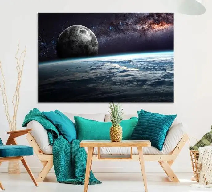 The Space and Planet Canvas Print, a triptych showcasing Earth and the Moon from space on museum-quality canvas with UV-protective coating, hangs prominently in the room.