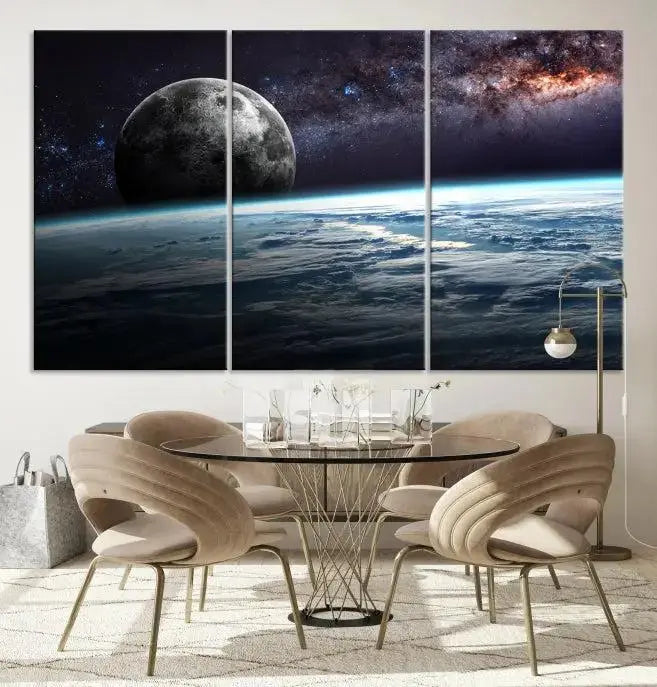 The Space and Planet Canvas Print, a triptych showcasing Earth and the Moon from space on museum-quality canvas with UV-protective coating, hangs prominently in the room.