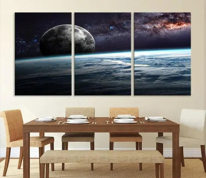 The Space and Planet Canvas Print, a triptych showcasing Earth and the Moon from space on museum-quality canvas with UV-protective coating, hangs prominently in the room.