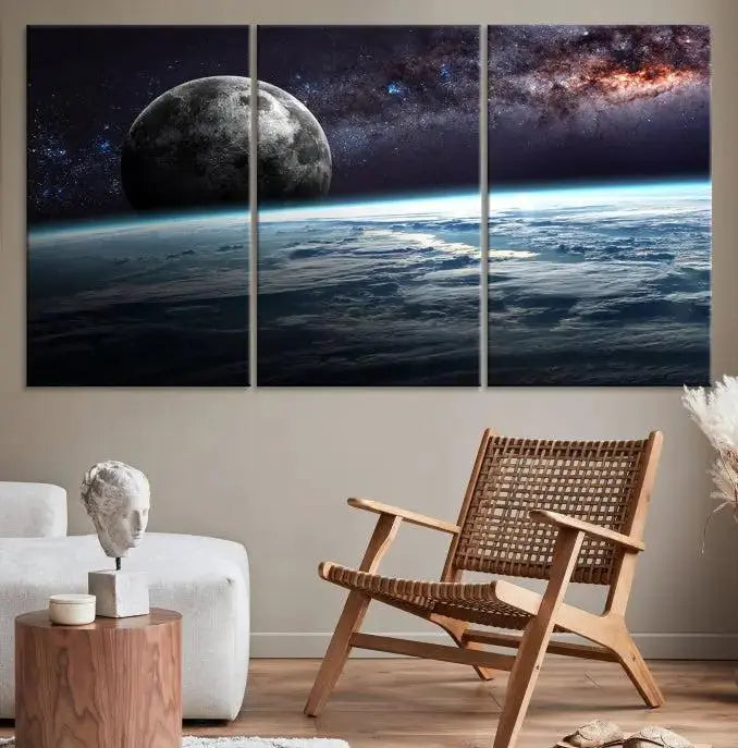 The Space and Planet Canvas Print, a triptych showcasing Earth and the Moon from space on museum-quality canvas with UV-protective coating, hangs prominently in the room.