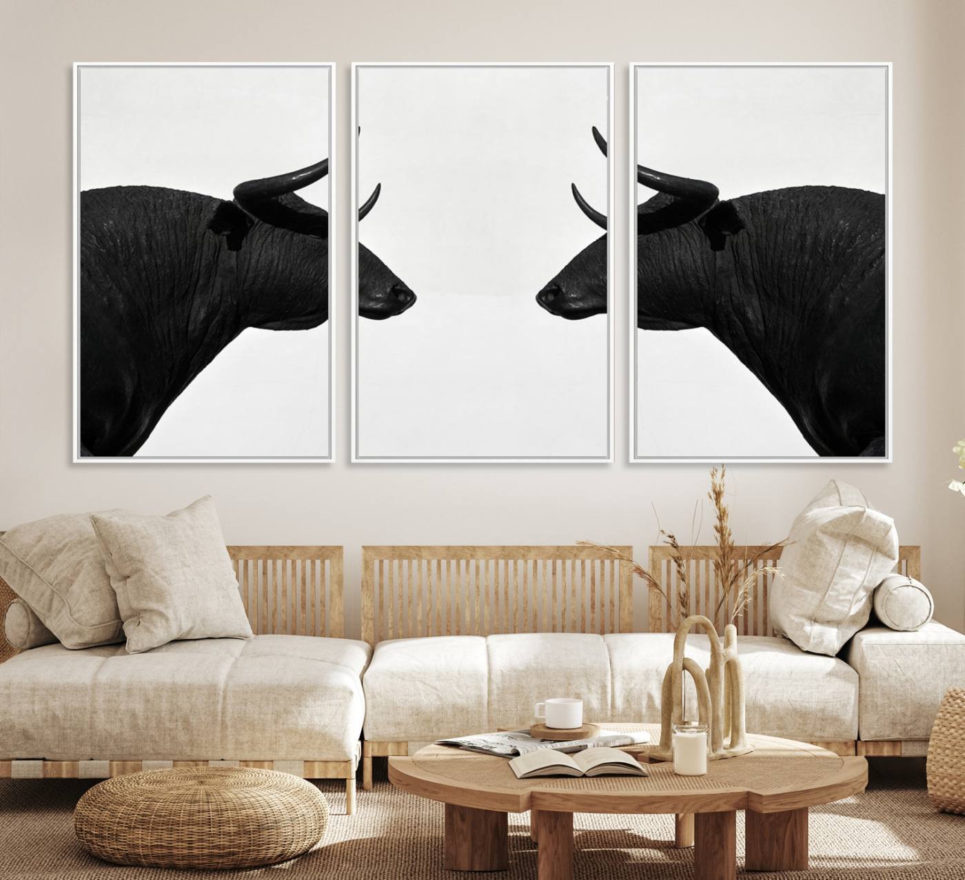 16038-MGV-CV-36X24-Spanish Bull Art - Framed Black and White Bull Canvas Print for Modern Rustic Home or Office Decor