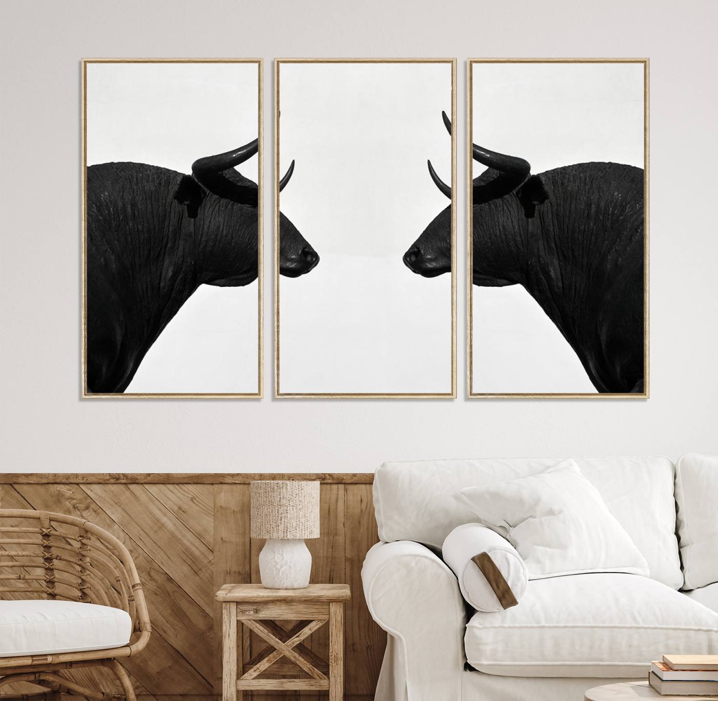 16038-MGV-CV-36X24-Spanish Bull Art - Framed Black and White Bull Canvas Print for Modern Rustic Home or Office Decor