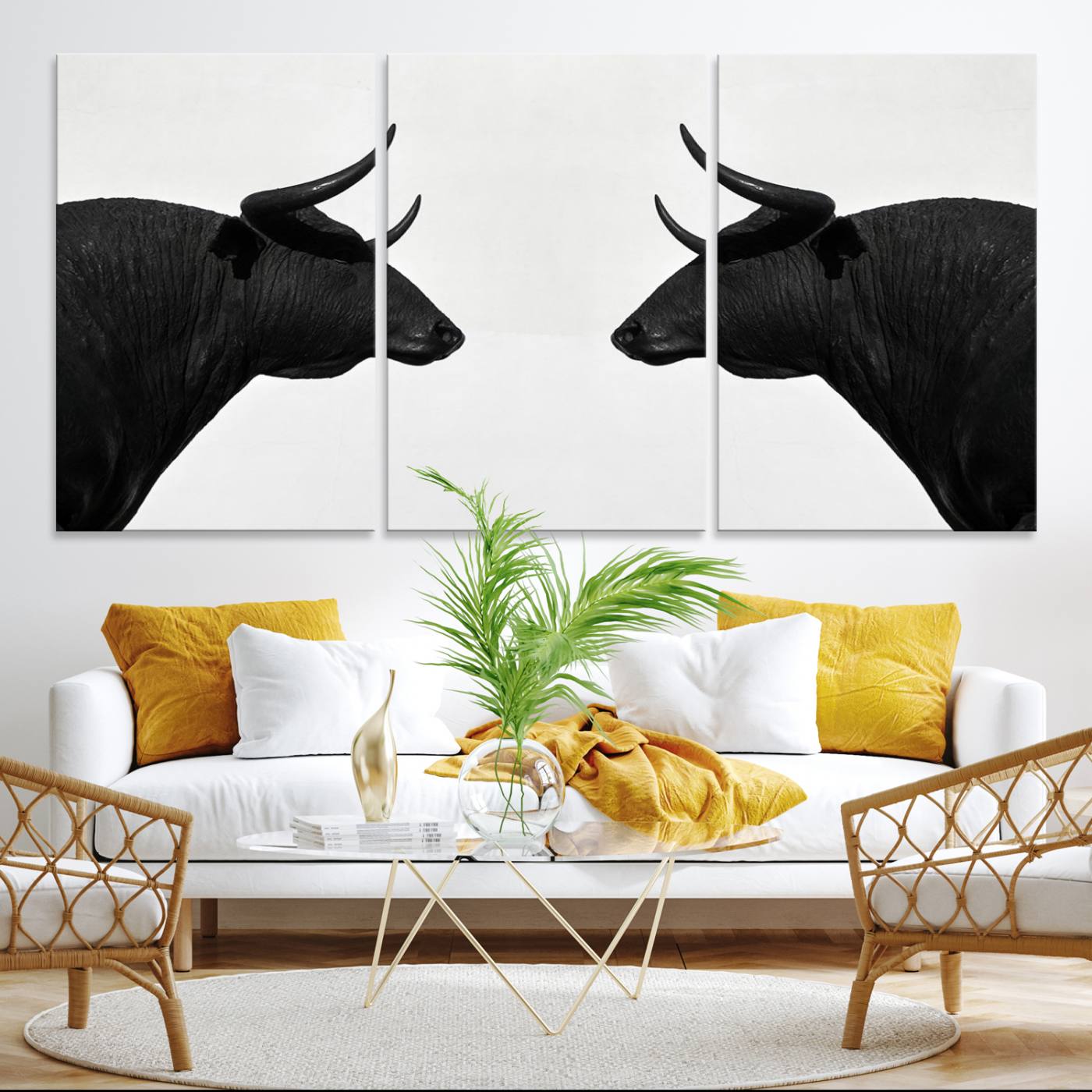 16038-MGV-CV-36X24-Spanish Bull Art - Framed Black and White Bull Canvas Print for Modern Rustic Home or Office Decor