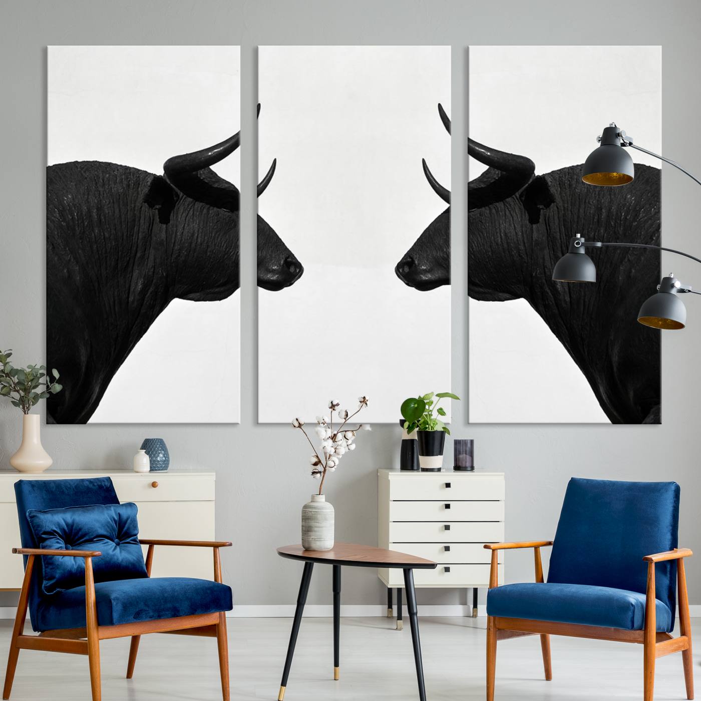 16038-MGV-CV-36X24-Spanish Bull Art - Framed Black and White Bull Canvas Print for Modern Rustic Home or Office Decor