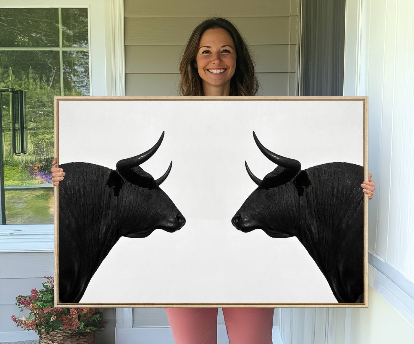 16038-MGV-FC-36X24_Natural-Spanish Bull Art - Framed Black and White Bull Canvas Print for Modern Rustic Home or Office Decor