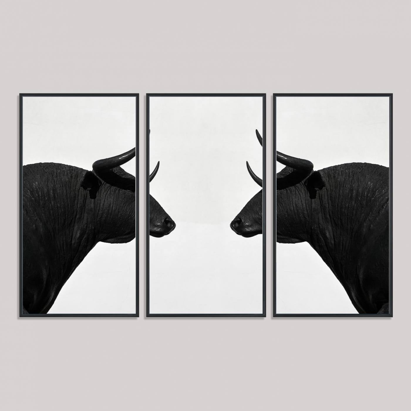 16038-MGV-FC-48X32-3P_Black-Spanish Bull Art - Framed Black and White Bull Canvas Print for Modern Rustic Home or Office Decor