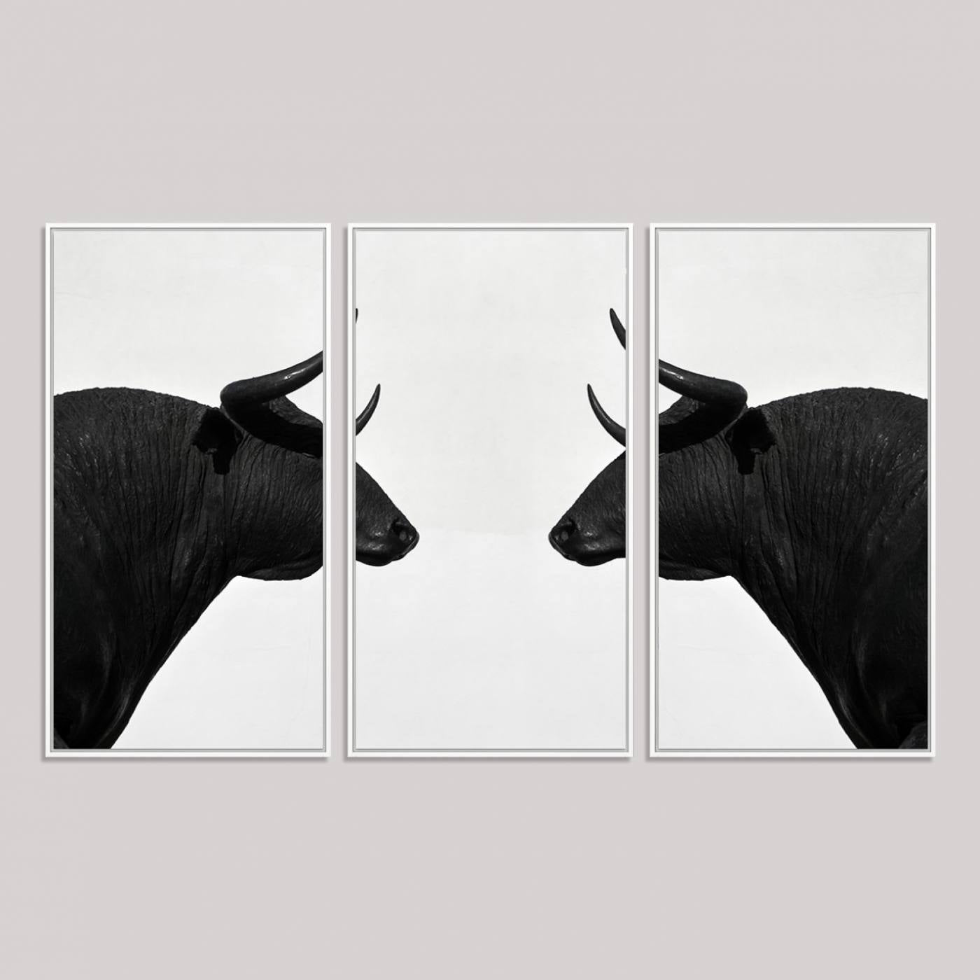 16038-MGV-FC-48X32-3P_White-Spanish Bull Art - Framed Black and White Bull Canvas Print for Modern Rustic Home or Office Decor