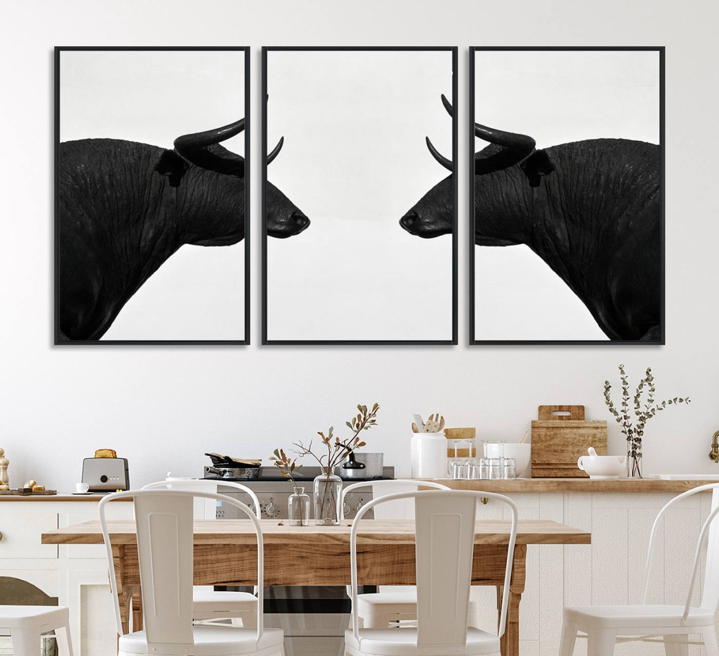 16038-MGV-FC-60X30-3P_Black-Spanish Bull Art - Framed Black and White Bull Canvas Print for Modern Rustic Home or Office Decor