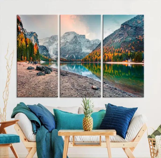 The Spectacular Autumn Wall Art Canvas Print features a serene lake with mountains and autumn trees. This museum-quality canvas is meticulously hand-assembled into a framed masterpiece.