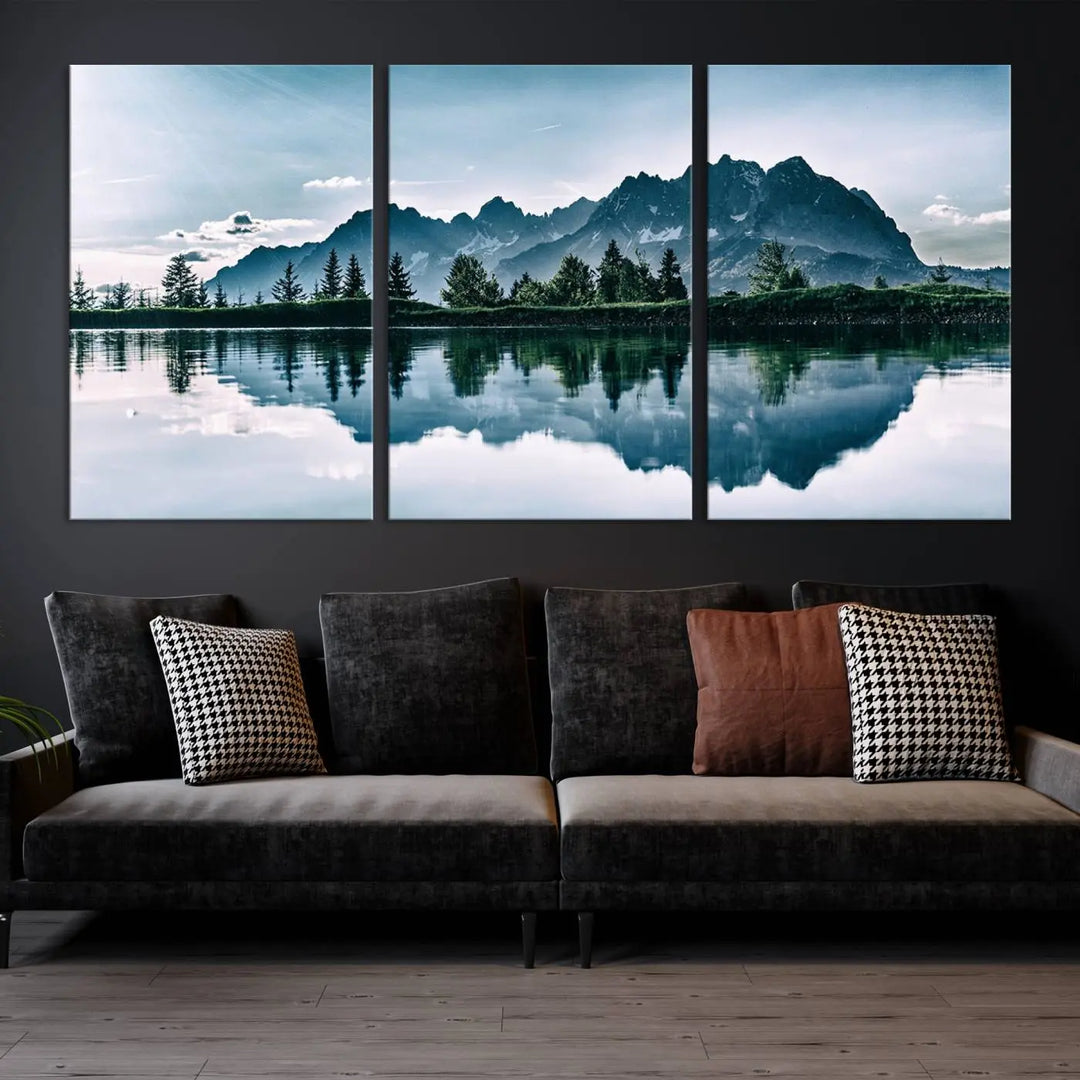 The room features the "Spectacular Bernardo O'Higgins National Park Canvas Wall Art Print," which showcases a serene mountain lake scene on a gray wall, crafted with museum-quality canvases.