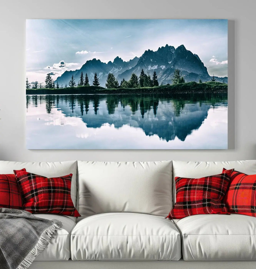 The room features the "Spectacular Bernardo O'Higgins National Park Canvas Wall Art Print," which showcases a serene mountain lake scene on a gray wall, crafted with museum-quality canvases.