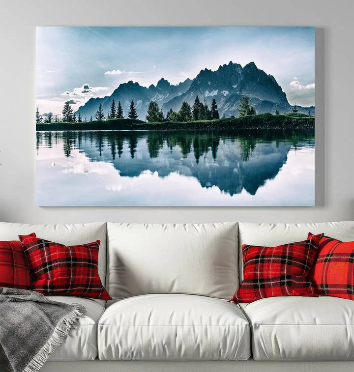 The room features the "Spectacular Bernardo O'Higgins National Park Canvas Wall Art Print," which showcases a serene mountain lake scene on a gray wall, crafted with museum-quality canvases.