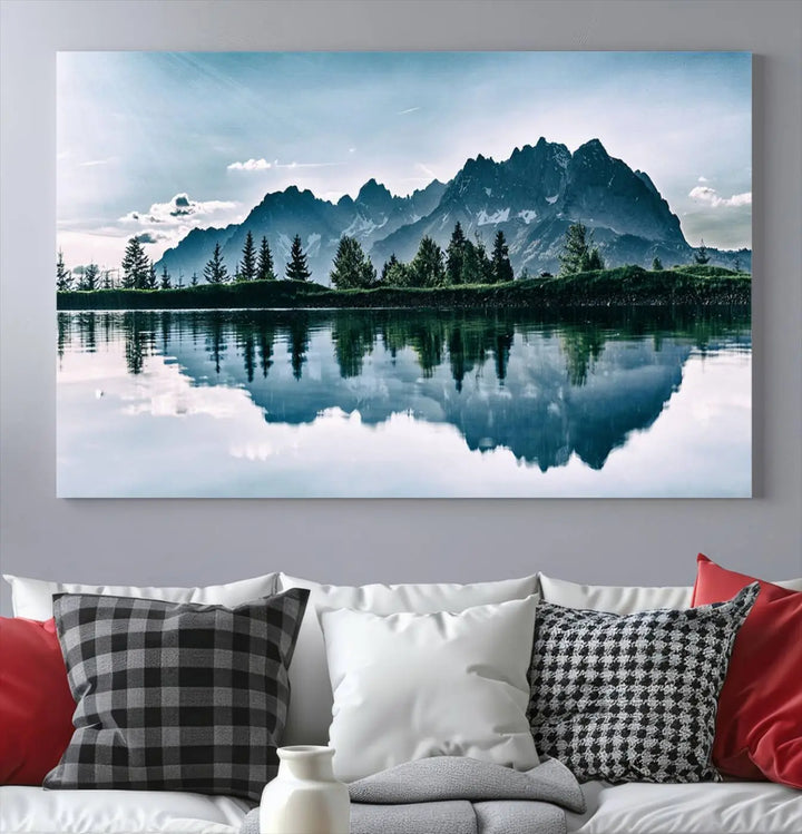 The room features the "Spectacular Bernardo O'Higgins National Park Canvas Wall Art Print," which showcases a serene mountain lake scene on a gray wall, crafted with museum-quality canvases.