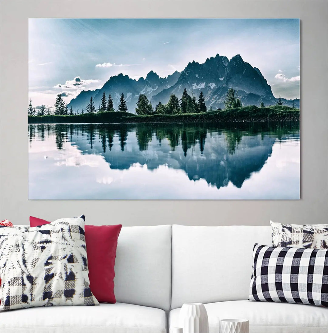 The room features the "Spectacular Bernardo O'Higgins National Park Canvas Wall Art Print," which showcases a serene mountain lake scene on a gray wall, crafted with museum-quality canvases.