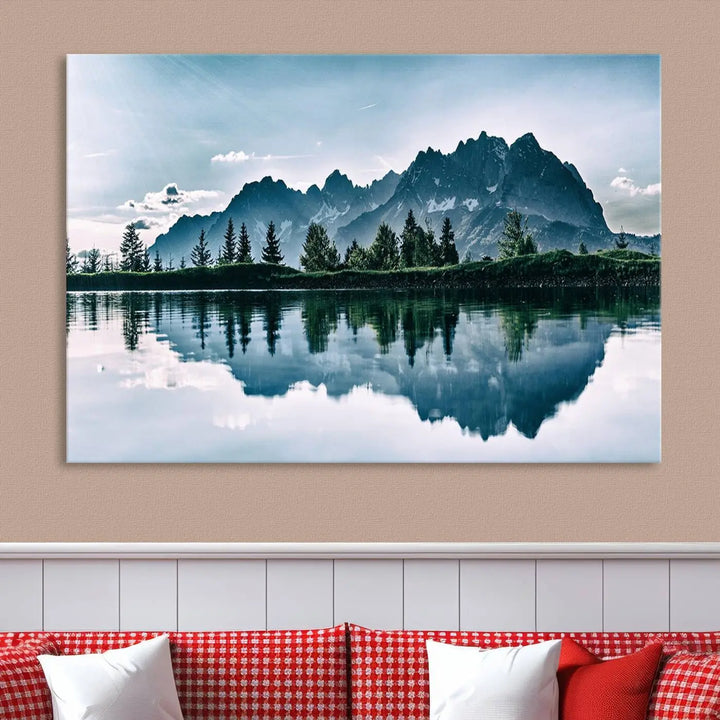 The room features the "Spectacular Bernardo O'Higgins National Park Canvas Wall Art Print," which showcases a serene mountain lake scene on a gray wall, crafted with museum-quality canvases.