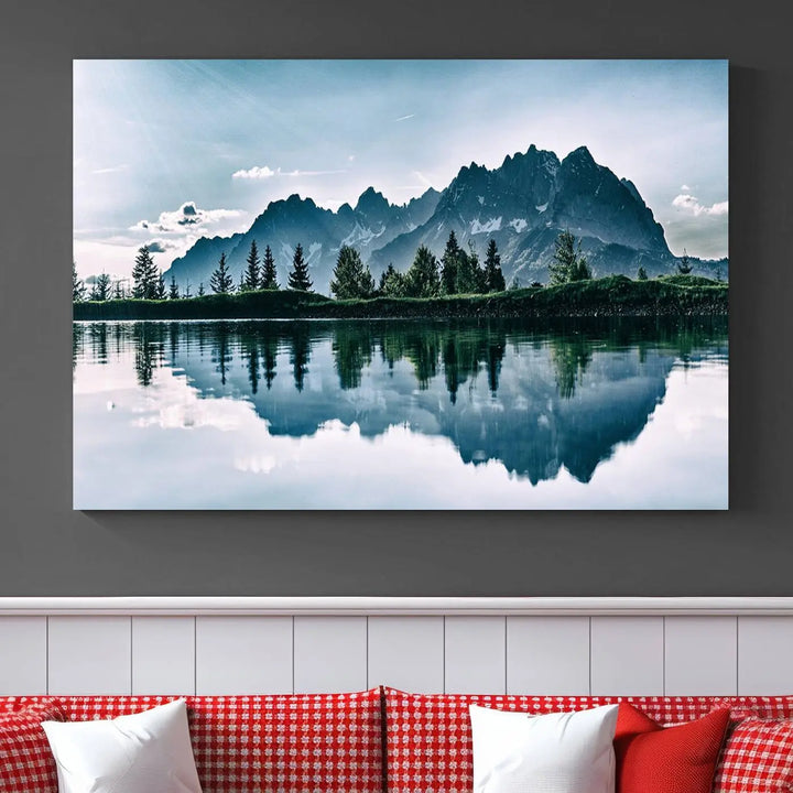 The room features the "Spectacular Bernardo O'Higgins National Park Canvas Wall Art Print," which showcases a serene mountain lake scene on a gray wall, crafted with museum-quality canvases.