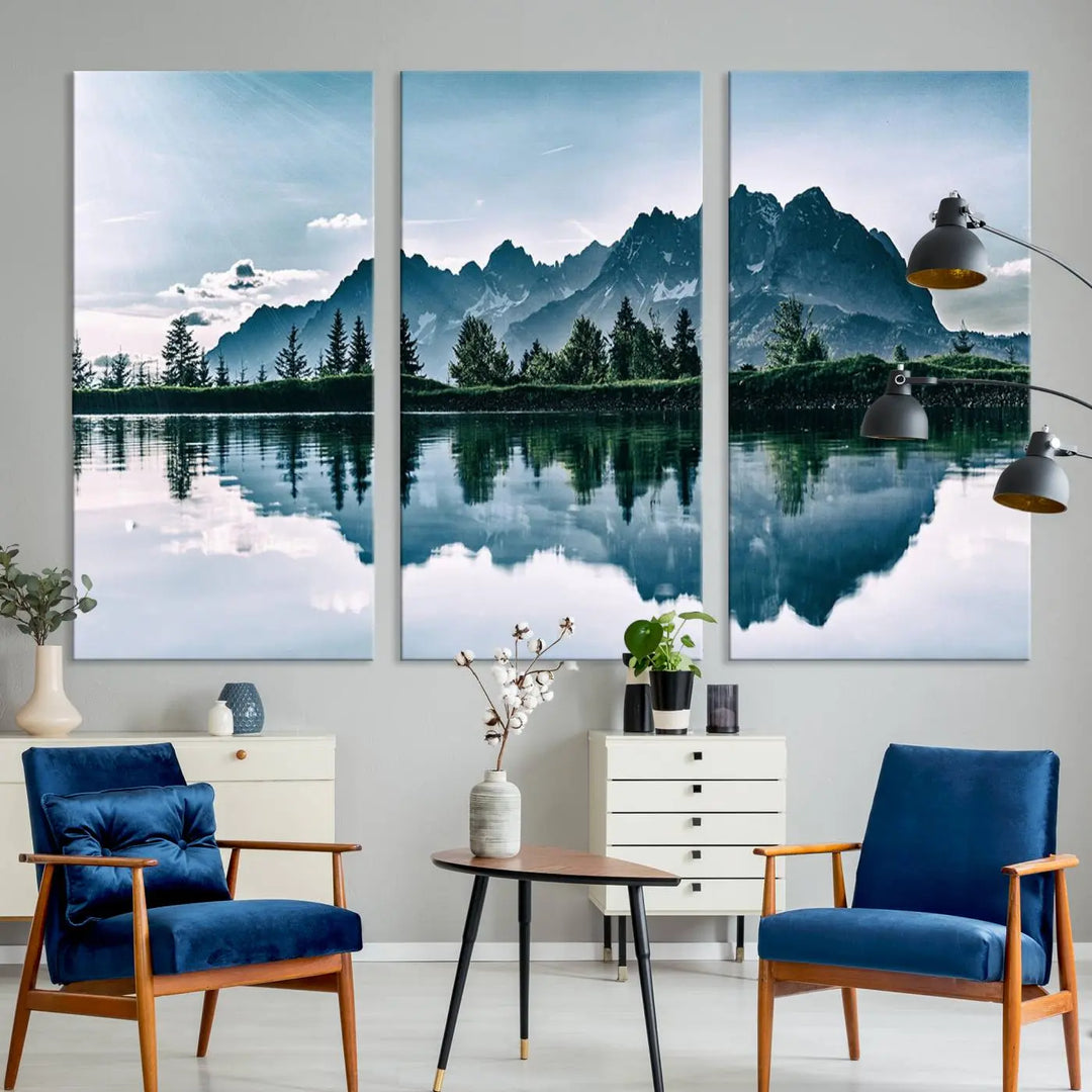 The room features the "Spectacular Bernardo O'Higgins National Park Canvas Wall Art Print," which showcases a serene mountain lake scene on a gray wall, crafted with museum-quality canvases.