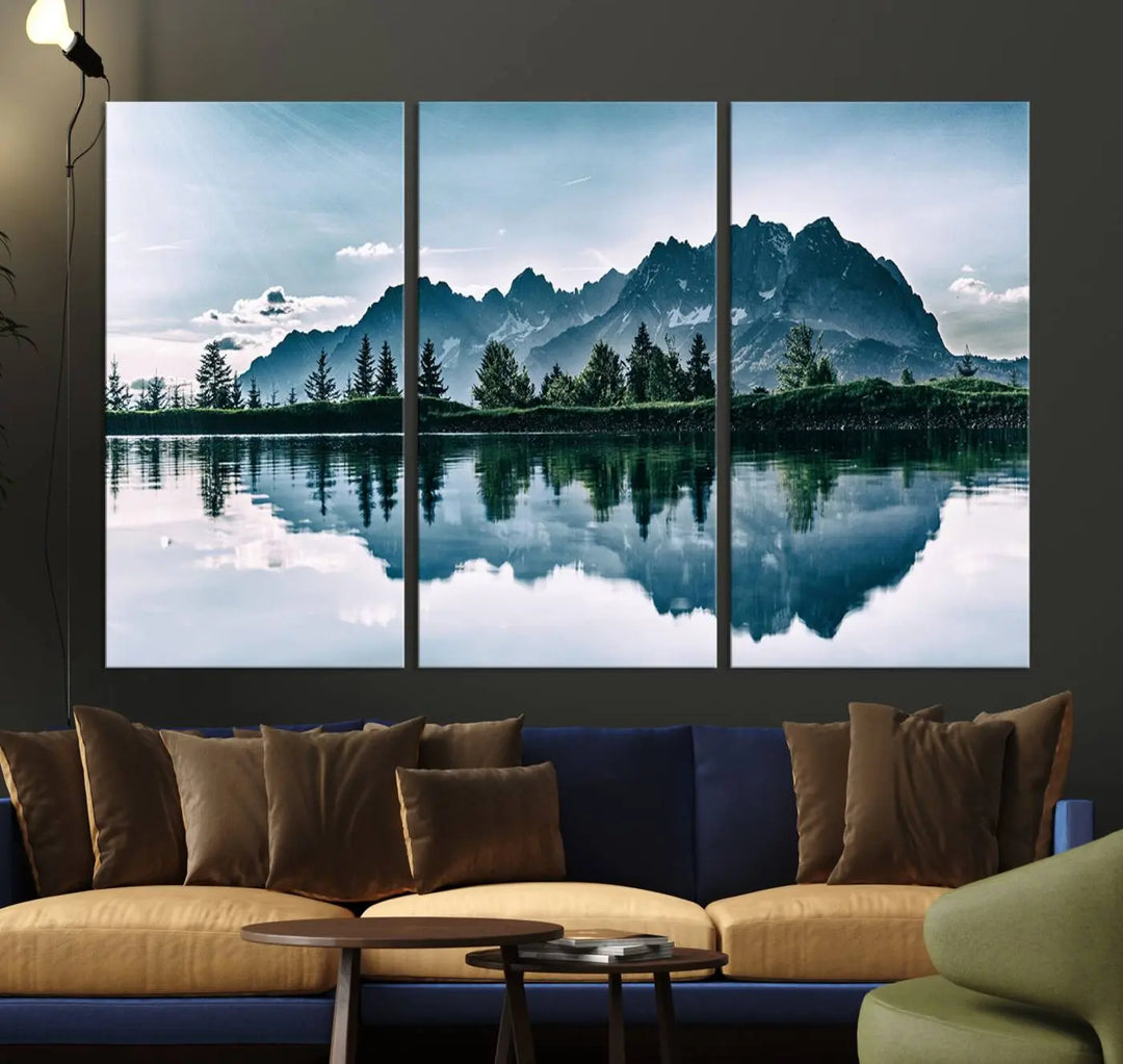 The room features the "Spectacular Bernardo O'Higgins National Park Canvas Wall Art Print," which showcases a serene mountain lake scene on a gray wall, crafted with museum-quality canvases.