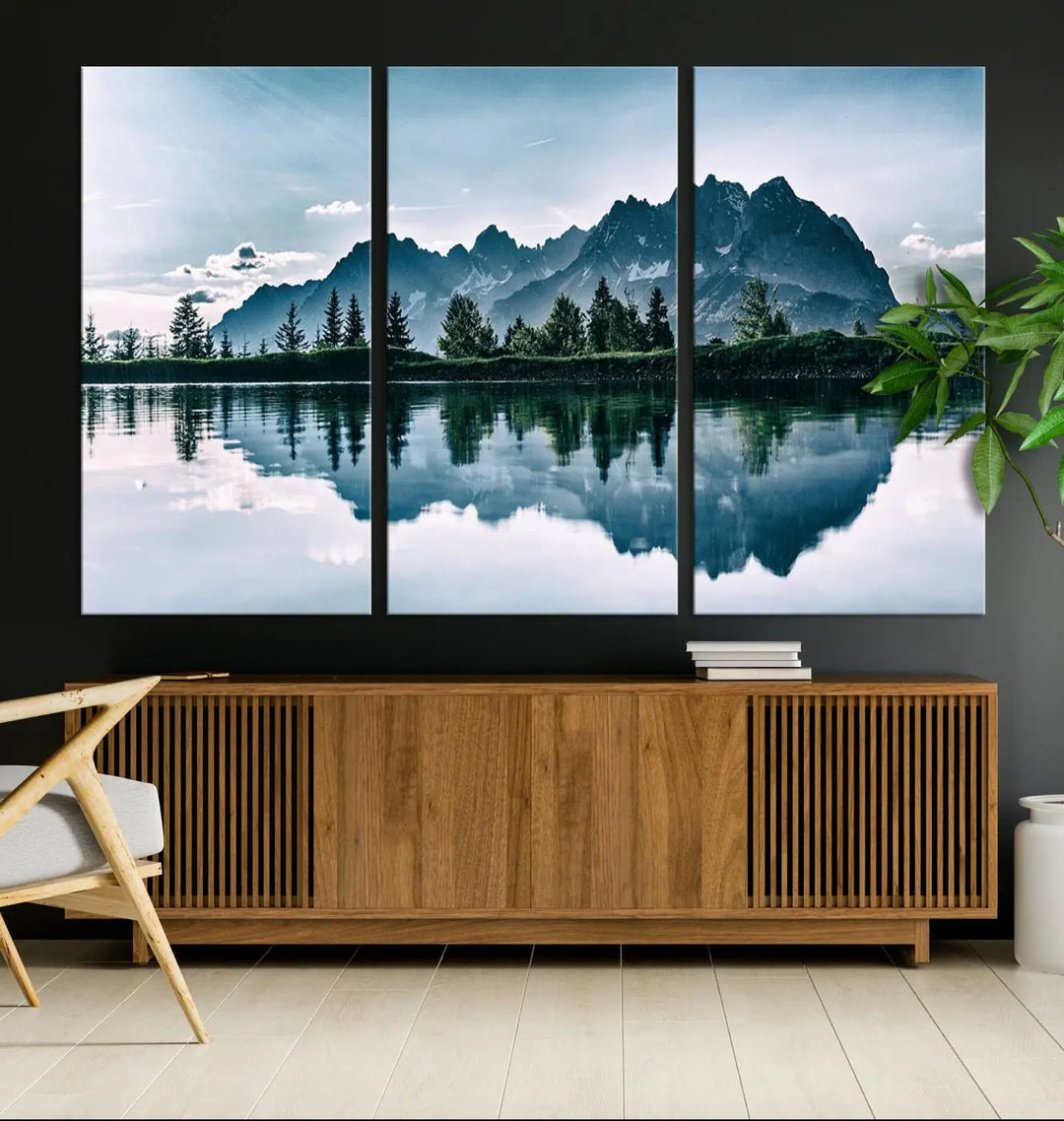 The room features the "Spectacular Bernardo O'Higgins National Park Canvas Wall Art Print," which showcases a serene mountain lake scene on a gray wall, crafted with museum-quality canvases.