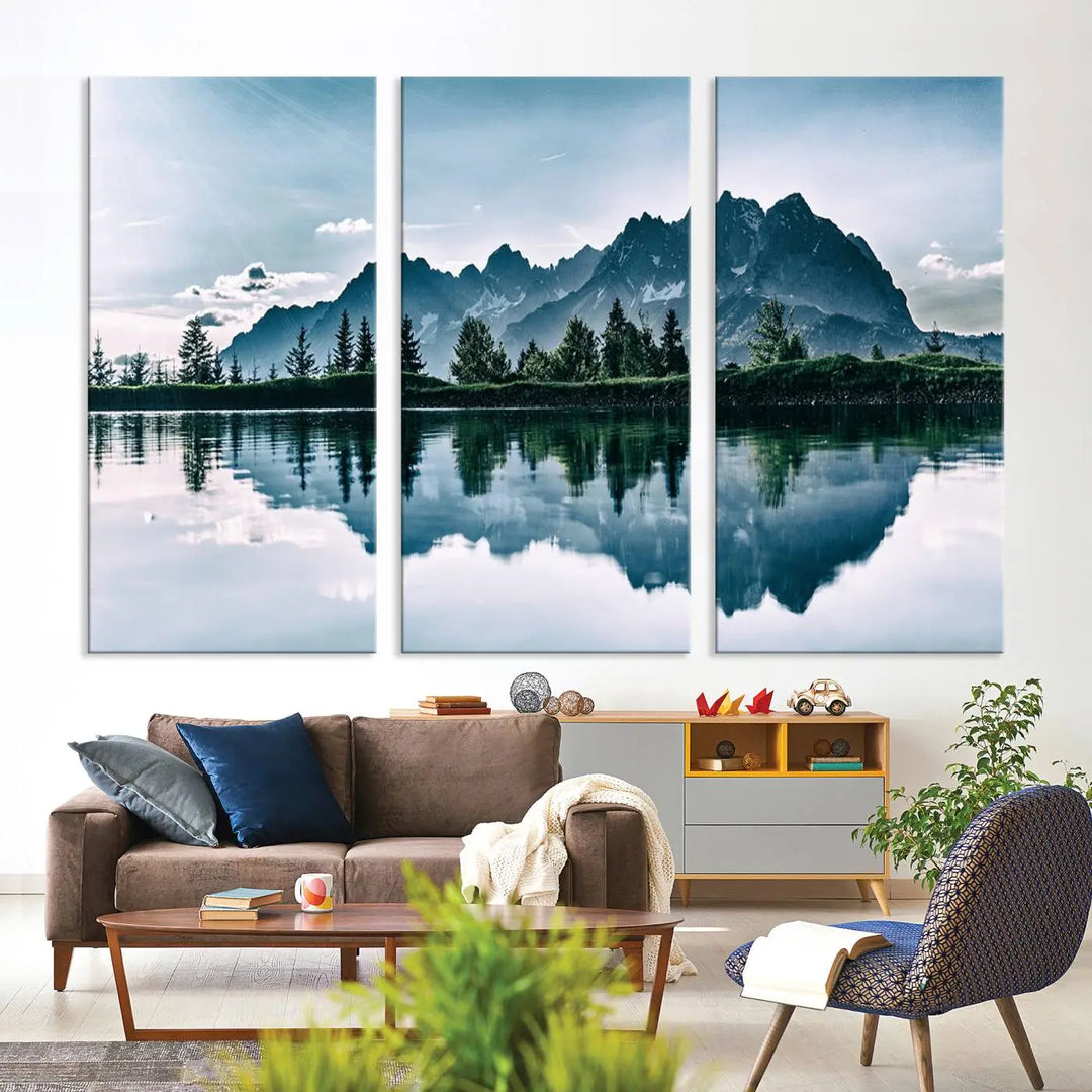 The room features the "Spectacular Bernardo O'Higgins National Park Canvas Wall Art Print," which showcases a serene mountain lake scene on a gray wall, crafted with museum-quality canvases.