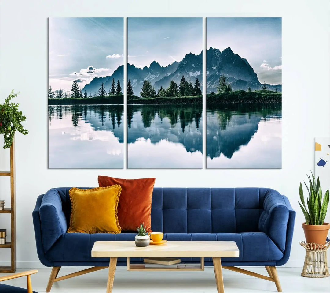 The room features the "Spectacular Bernardo O'Higgins National Park Canvas Wall Art Print," which showcases a serene mountain lake scene on a gray wall, crafted with museum-quality canvases.