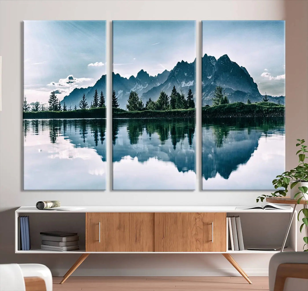 The room features the "Spectacular Bernardo O'Higgins National Park Canvas Wall Art Print," which showcases a serene mountain lake scene on a gray wall, crafted with museum-quality canvases.