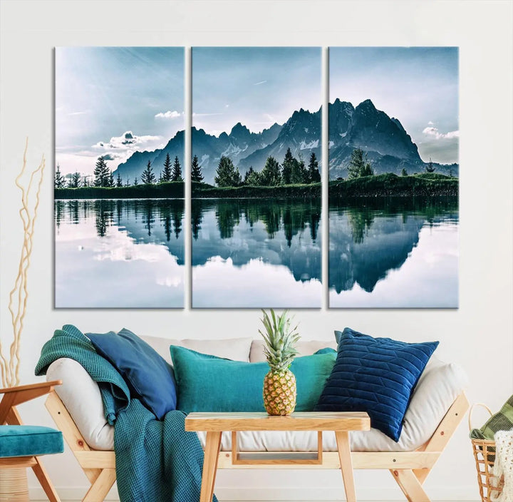 The room features the "Spectacular Bernardo O'Higgins National Park Canvas Wall Art Print," which showcases a serene mountain lake scene on a gray wall, crafted with museum-quality canvases.