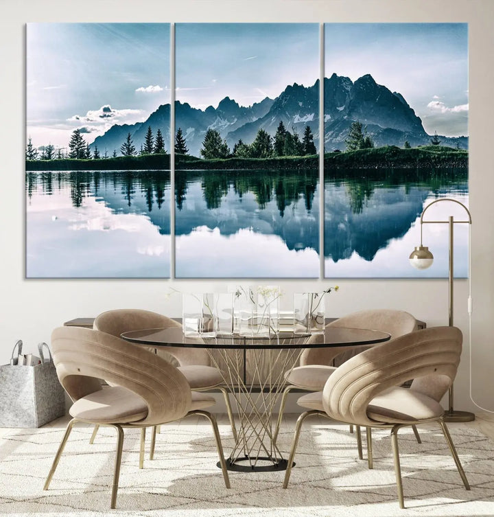 The room features the "Spectacular Bernardo O'Higgins National Park Canvas Wall Art Print," which showcases a serene mountain lake scene on a gray wall, crafted with museum-quality canvases.