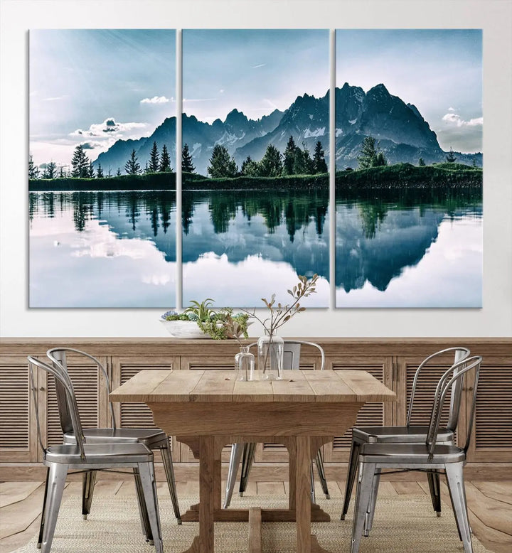 The room features the "Spectacular Bernardo O'Higgins National Park Canvas Wall Art Print," which showcases a serene mountain lake scene on a gray wall, crafted with museum-quality canvases.