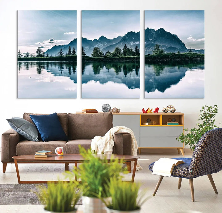 The room features the "Spectacular Bernardo O'Higgins National Park Canvas Wall Art Print," which showcases a serene mountain lake scene on a gray wall, crafted with museum-quality canvases.