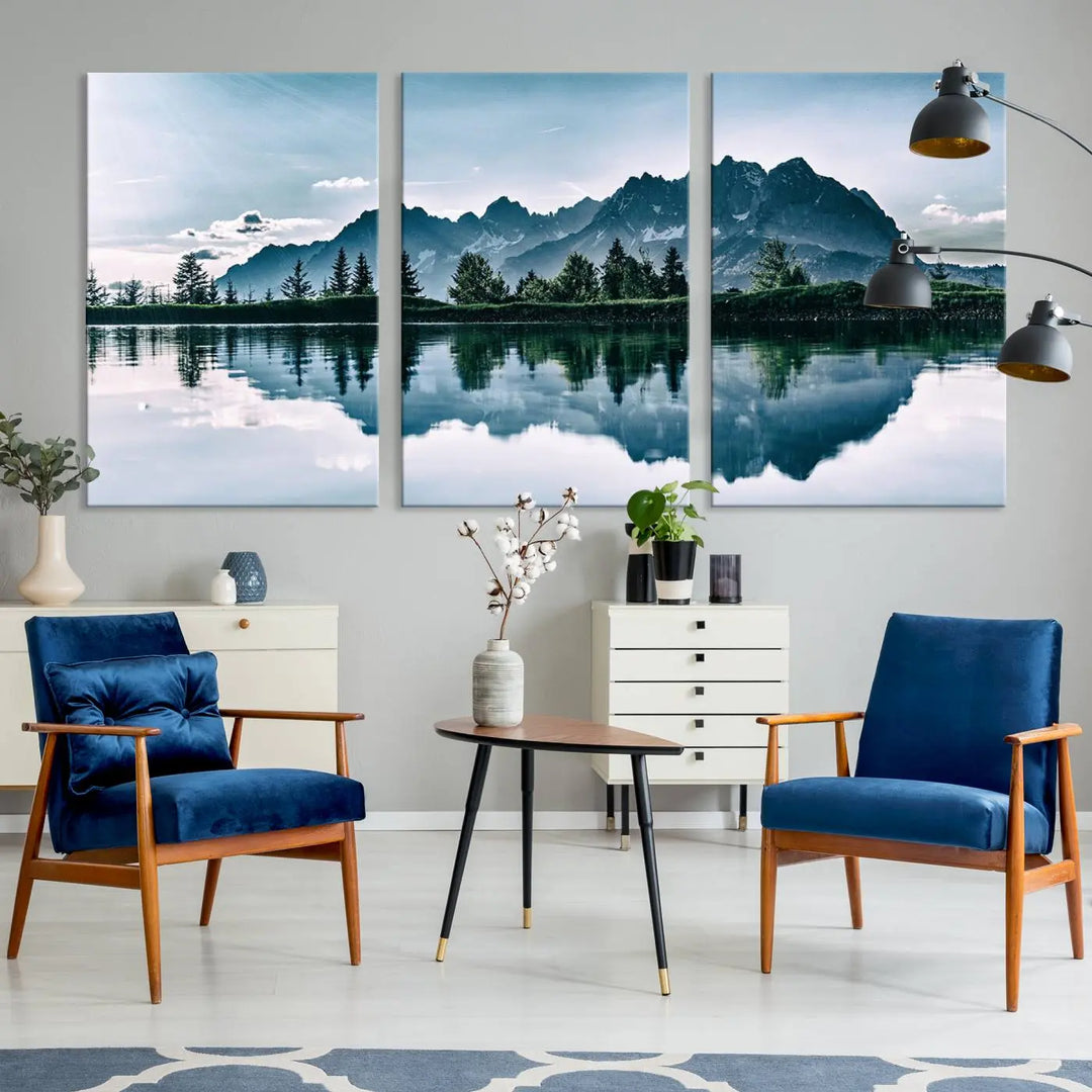 The room features the "Spectacular Bernardo O'Higgins National Park Canvas Wall Art Print," which showcases a serene mountain lake scene on a gray wall, crafted with museum-quality canvases.