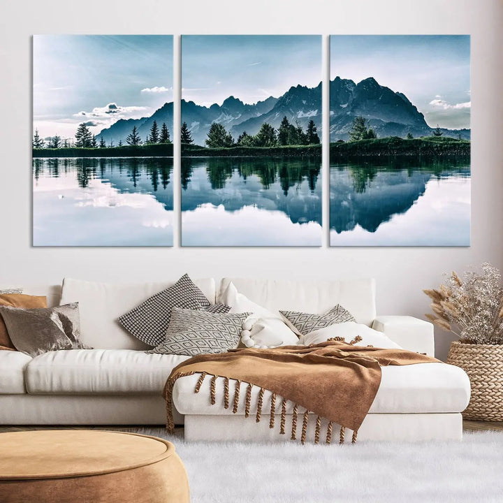 The room features the "Spectacular Bernardo O'Higgins National Park Canvas Wall Art Print," which showcases a serene mountain lake scene on a gray wall, crafted with museum-quality canvases.