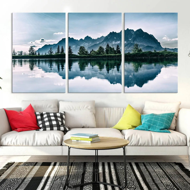 The room features the "Spectacular Bernardo O'Higgins National Park Canvas Wall Art Print," which showcases a serene mountain lake scene on a gray wall, crafted with museum-quality canvases.