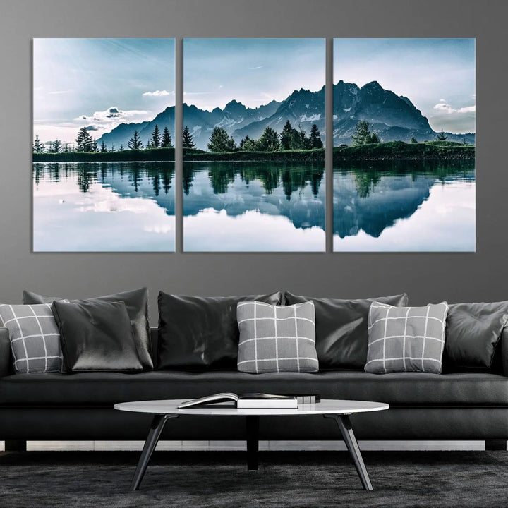 The room features the "Spectacular Bernardo O'Higgins National Park Canvas Wall Art Print," which showcases a serene mountain lake scene on a gray wall, crafted with museum-quality canvases.