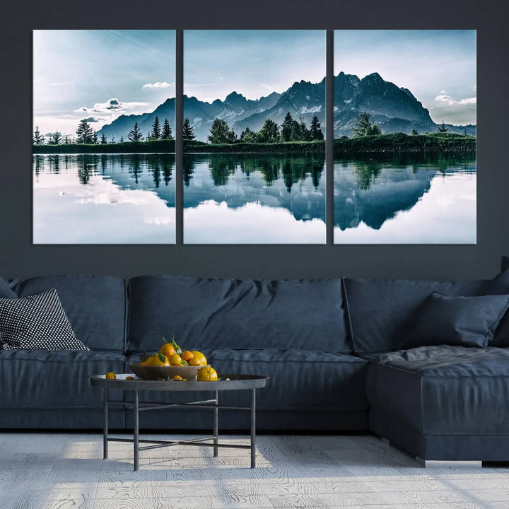 The room features the "Spectacular Bernardo O'Higgins National Park Canvas Wall Art Print," which showcases a serene mountain lake scene on a gray wall, crafted with museum-quality canvases.