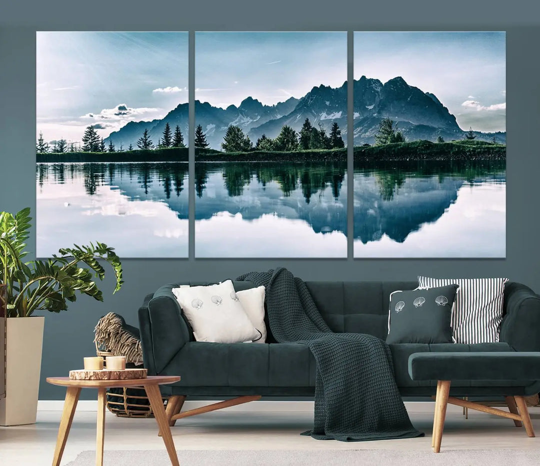 The room features the "Spectacular Bernardo O'Higgins National Park Canvas Wall Art Print," which showcases a serene mountain lake scene on a gray wall, crafted with museum-quality canvases.