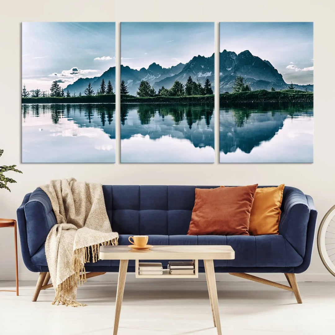 The room features the "Spectacular Bernardo O'Higgins National Park Canvas Wall Art Print," which showcases a serene mountain lake scene on a gray wall, crafted with museum-quality canvases.