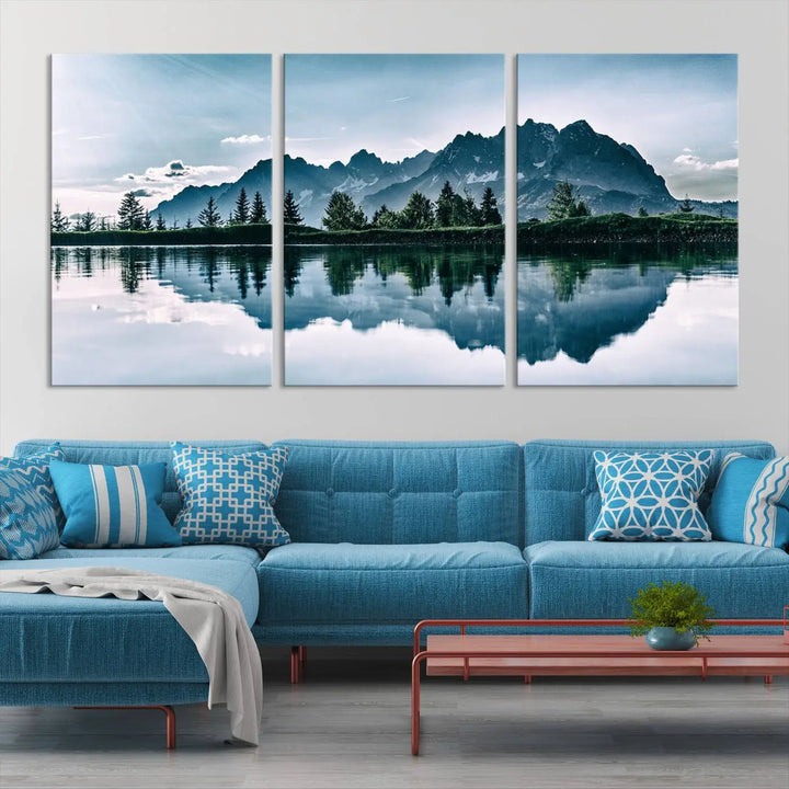 The room features the "Spectacular Bernardo O'Higgins National Park Canvas Wall Art Print," which showcases a serene mountain lake scene on a gray wall, crafted with museum-quality canvases.