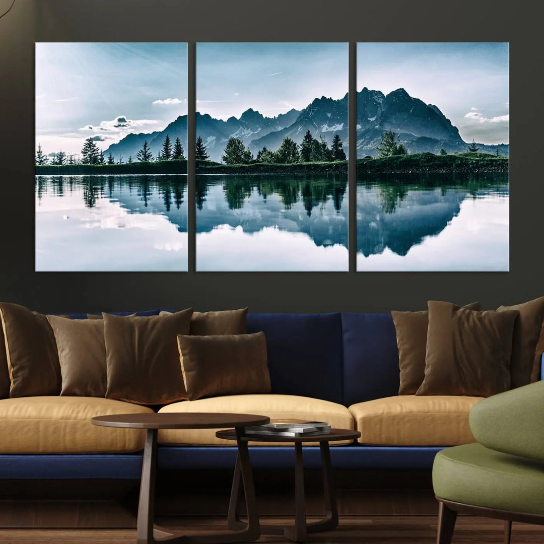 The room features the "Spectacular Bernardo O'Higgins National Park Canvas Wall Art Print," which showcases a serene mountain lake scene on a gray wall, crafted with museum-quality canvases.