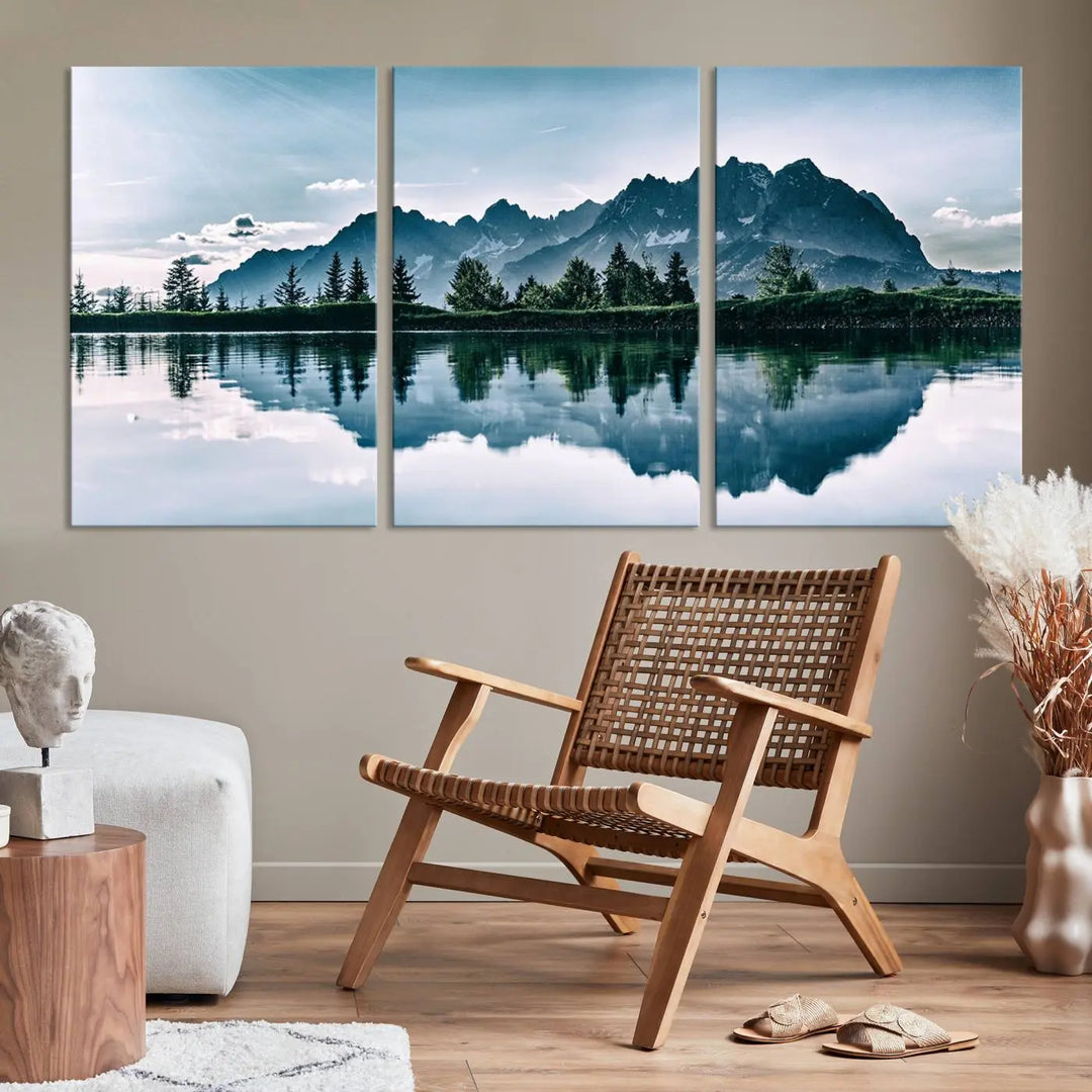 The room features the "Spectacular Bernardo O'Higgins National Park Canvas Wall Art Print," which showcases a serene mountain lake scene on a gray wall, crafted with museum-quality canvases.